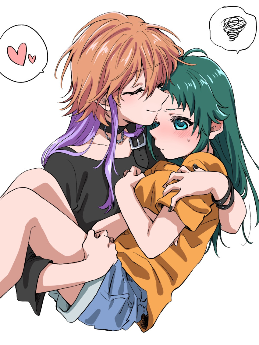 2girls, ayunyan_pere, bare_legs, black_choker, black_nails, black_shirt, blue_eyes, blush