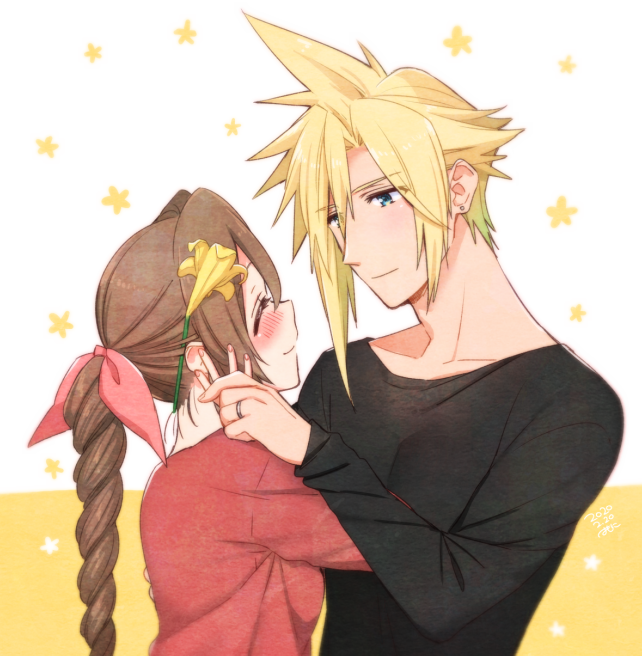 1boy, 1girl, aerith_gainsborough, black_shirt, blonde_hair, blue_eyes, blush, bow
