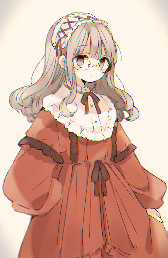 1girl, bangs, black_ribbon, blush, brown_eyes, cowboy_shot, dress, glasses