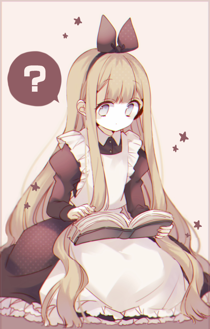 1girl, ?, apron, black_bow, black_dress, blush, book, bow