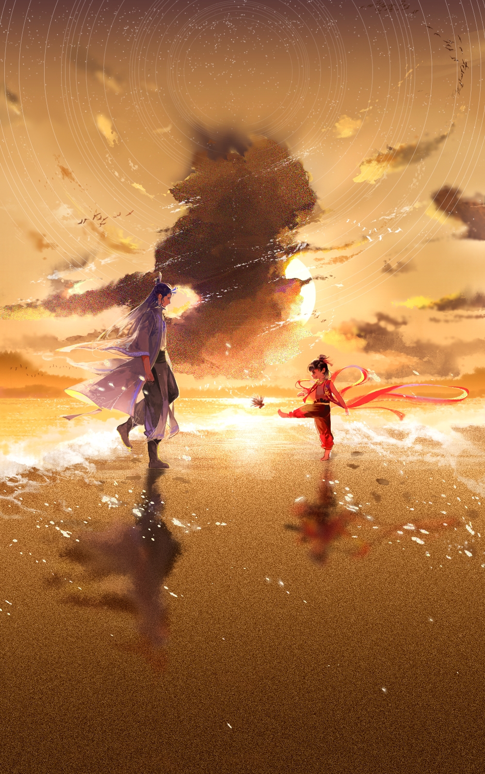 2boys, ao_bing, barefoot, black_hair, black_pants, blue_coat, blue_hair, blue_robe