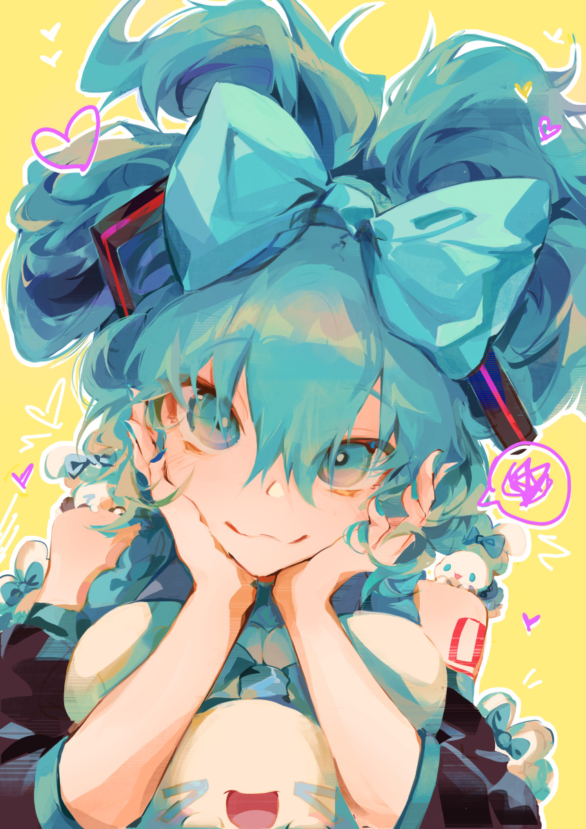 1girl, :3, absurdres, bangs, blue_eyes, blue_hair, blush, bow, cinnamiku, cinnamoroll, creature, creature_on_shoulder, detached_sleeves, hair_bow, hair_ornament, hands_on_own_cheeks, hands_on_own_face, hatsune_miku, highres, long_hair, looking_at_viewer, machi_mile00, on_shoulder, sanrio, smile, solo_focus, speech_bubble, spoken_squiggle, squiggle, tied_ears, updo, vocaloid