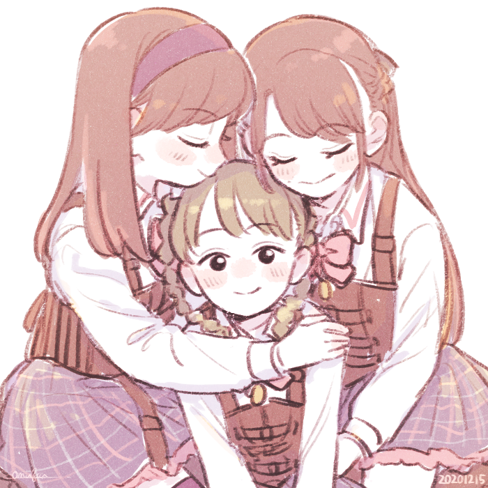 3girls, artist_name, assault_lily, bangs, black_eyes, blush, bow, bowtie, braid, brown_hair, brown_thighhighs, closed_mouth, collared_shirt, corset, dated, fukuyama_jeanne_sachie, girl_sandwich, hairband, half_updo, hand_on_another's_shoulder, hand_up, heads_together, hug, jewelry, kishimoto_lucia_raimu, kishimoto_maria_mirai, komuzuka, long_hair, long_sleeves, looking_at_viewer, low_twin_braids, low_twintails, ludvico_private_girls'_academy_school_uniform, miniskirt, mole, mole_above_mouth, multiple_girls, nose_blush, pendant, pink_bow, pink_bowtie, plaid, plaid_skirt, profile, purple_hairband, purple_skirt, purple_thighhighs, sandwiched, school_uniform, shirt, siblings, signature, simple_background, sisters, sitting, skirt, smile, suspenders, swept_bangs, thigh-highs, twin_braids, twintails, underbust, white_background, white_shirt