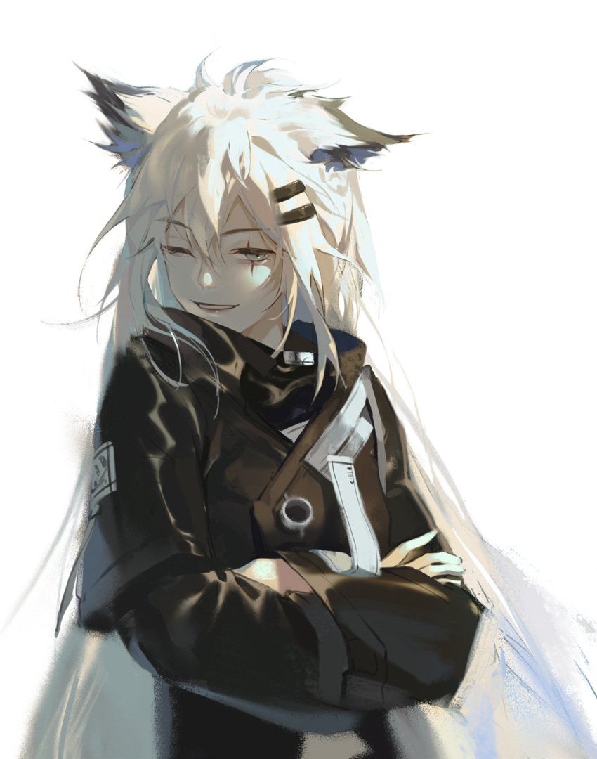 1girl, animal_ear_fluff, animal_ears, arknights, bangs, black_jacket, crossed_arms, grey_eyes