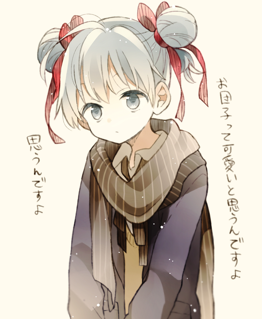 black_coat, coat, double_bun, grey_eyes, grey_hair, grey_scarf, hair_bun, hair_ribbon