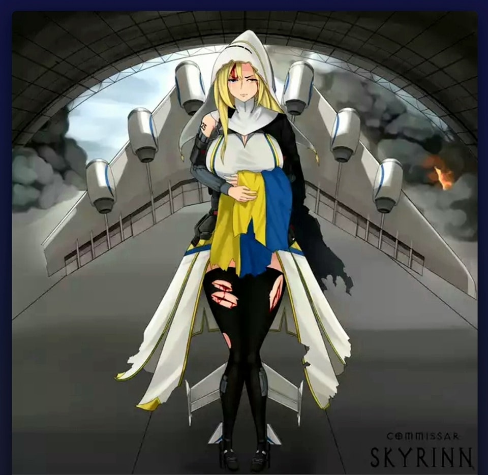 aircraft, airplane, airplane_costume, airplane_wing, antonov_an-225, blonde_hair, blood, commissar_skyrinn, commission, commissioner_upload, crying, crying_with_eyes_open, detached_sleeves, fire, hangar, interior, jet, jet_engine, mecha_musume, nun, original, smoke, tattoo, tears, ukraine, ukrainian_flag, war