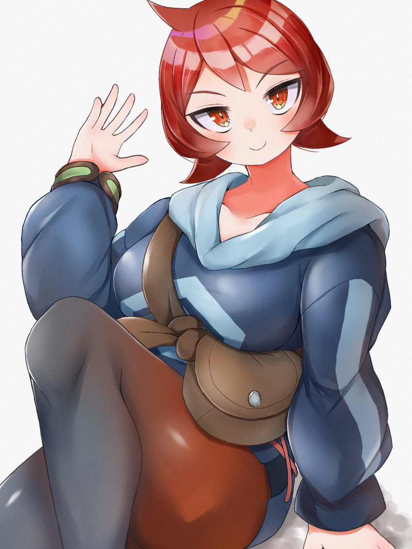 1girl, ahoge, arezu_(pokemon), arm_support, bangs, blush, breasts, closed_mouth, commentary_request, diamond_clan_outfit, fanny_pack, gradient, gradient_clothes, hand_up, head_tilt, highres, knee_up, long_sleeves, looking_at_viewer, medium_breasts, nagyiiie, pantyhose, pokemon, pokemon_(game), pokemon_legends:_arceus, red_eyes, redhead, shiny, shiny_clothes, shiny_hair, short_hair, simple_background, sitting, smile, solo