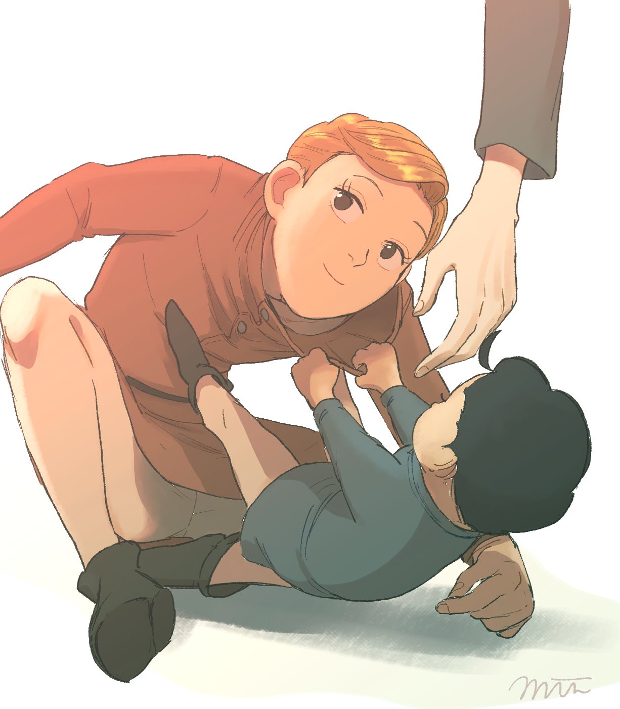 3boys, black_eyes, black_footwear, black_hair, blonde_hair, blue_tunic, brothers, child
