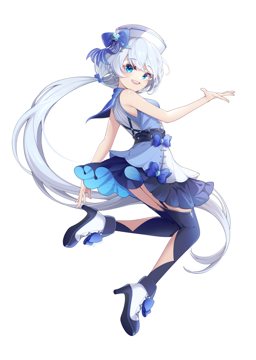 1girl, :d, absurdres, bangs, bare_arms, bare_shoulders, black_thighhighs, blue_bow