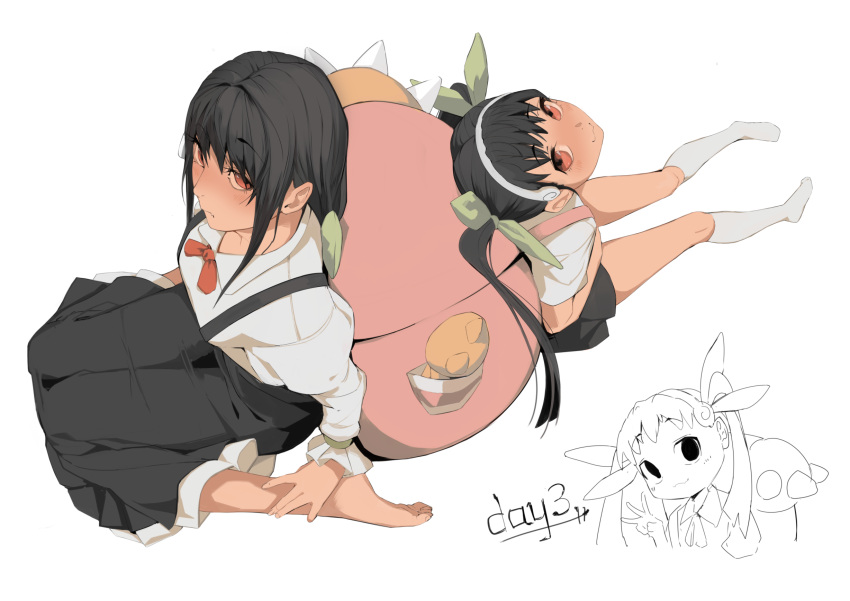 2girls, bangs, barefoot, blue_skirt, blush, breasts, dual_persona, hachikuji_mayoi