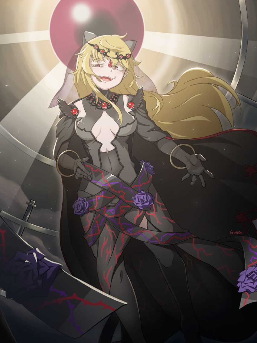 1girl, absurdres, ahoge, black_gloves, blonde_hair, breasts, cape, cleavage_cutout, clothing_cutout, colored_eyelashes, cowlick, crazy_eyes, dress, evil_smile, flower, gloves, guyca_braves, hand_on_hip, highres, isabeau_de_baviere_(madoka_magica), jewelry, large_breasts, long_dress, long_hair, magia_record:_mahou_shoujo_madoka_magica_gaiden, mahou_shoujo_madoka_magica, mahou_shoujo_tart_magica, messy_hair, outdoors, outstretched_arm, pink_eyes, queen, ring, rose, smile, solo, tall_female, wavy_hair
