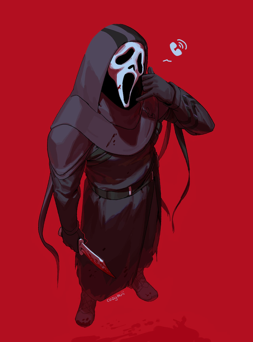 1boy, black_cloak, black_gloves, blood, blood_on_clothes, blood_on_knife, blood_on_weapon, cloak, commentary, cozyhuii, ghost_mask, ghostface, gloves, hand_phone, highres, holding, holding_knife, holding_weapon, hood, hood_up, hooded_coat, knife, long_sleeves, male_focus, mask, mask_on_head, open_mouth, phone, red_background, scream_(movie), signal, simple_background, solo, weapon