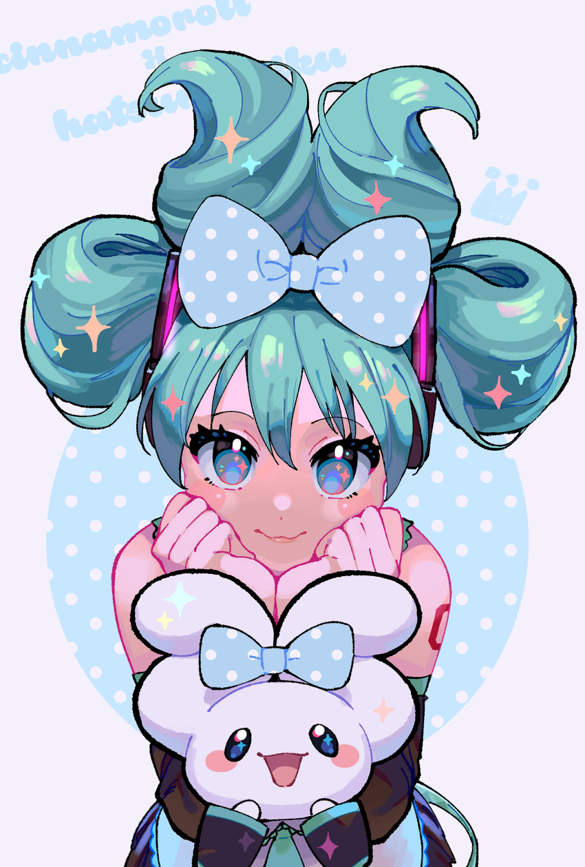 1girl, bangs, blue_bow, bow, cinnamiku, cinnamoroll, folded_twintails, grey_eyes
