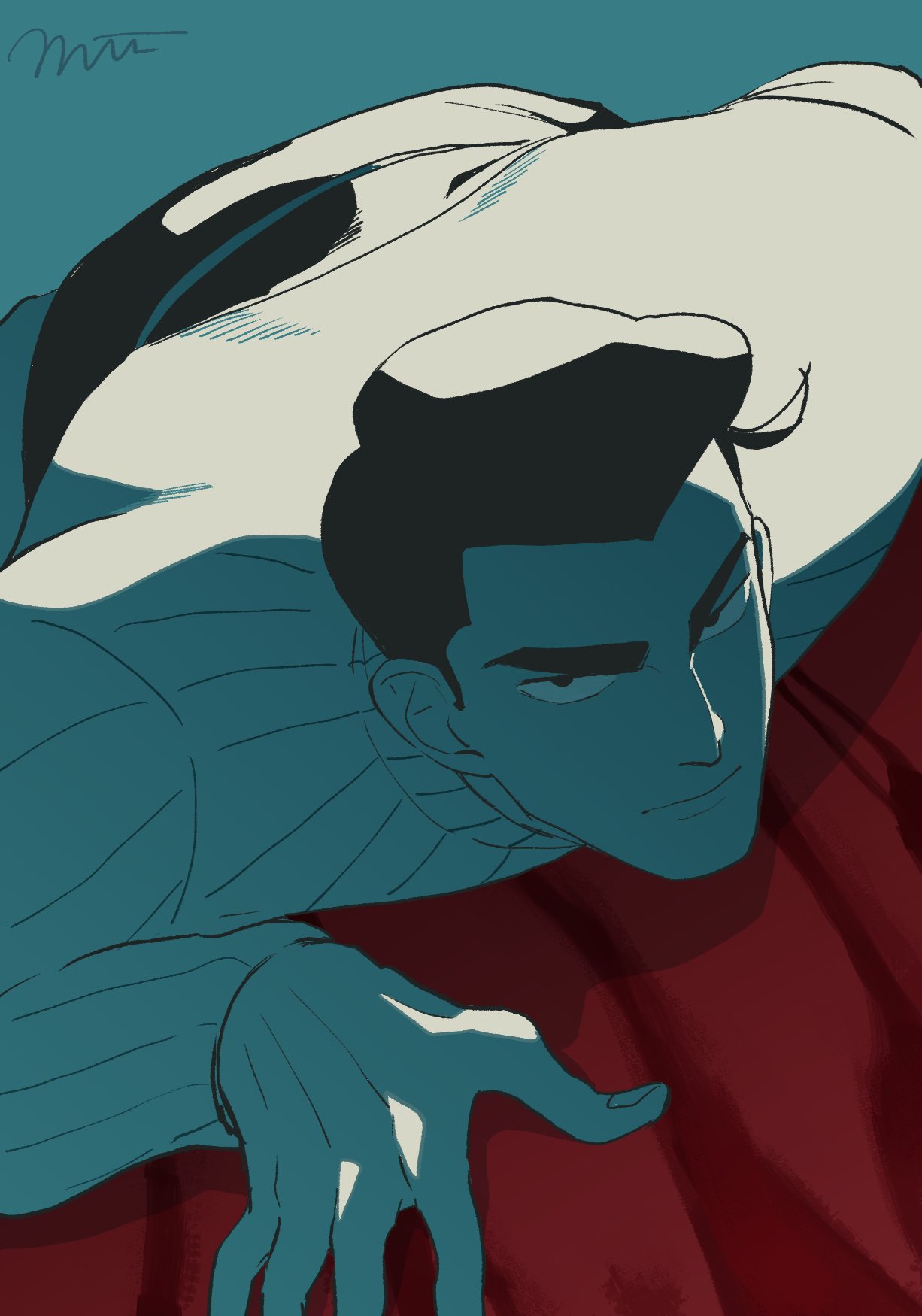 1boy, aqua_background, black_hair, closed_mouth, commentary, crawling, highres, long_sleeves