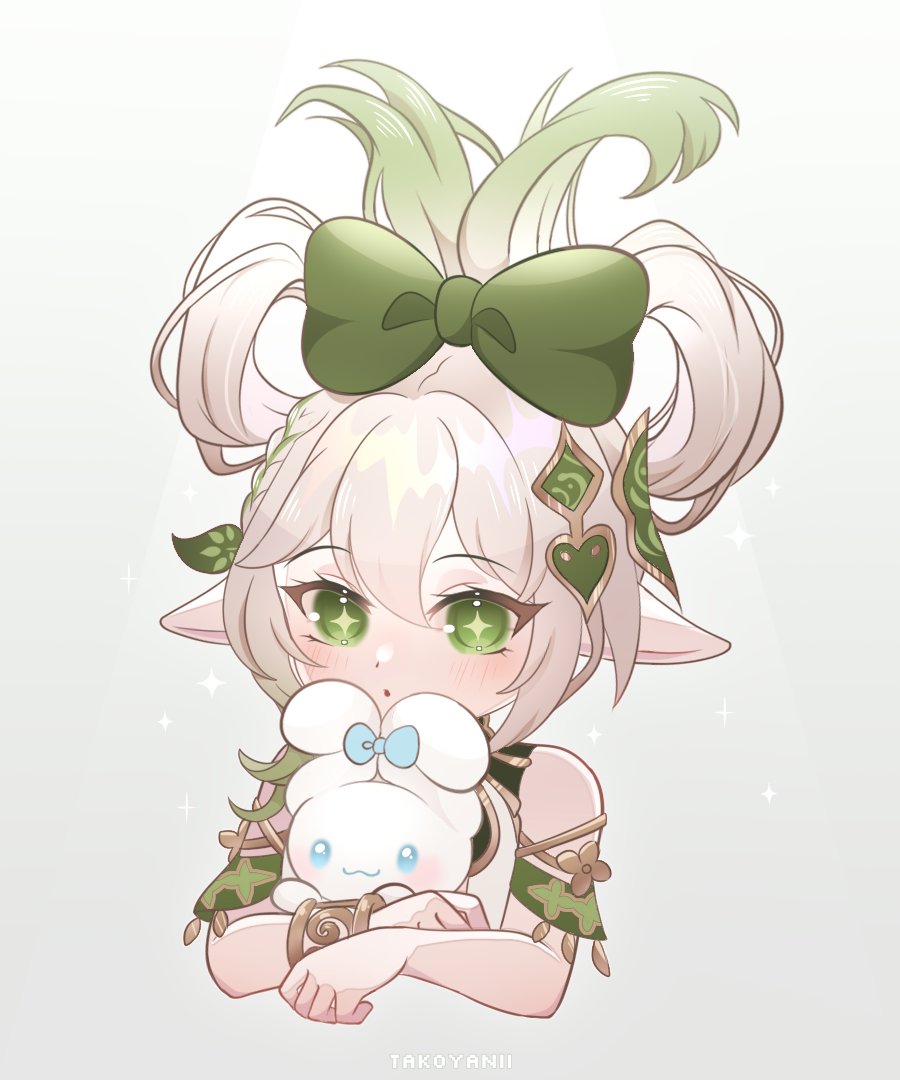 1girl, alternate_hairstyle, bangs, blush, borrowed_hairstyle, bow, bracelet, cinnamoroll