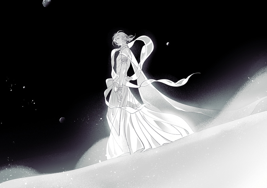 1boy, aechmea_(houseki_no_kuni), armlet, arms_at_sides, bracelet, cape, dutch_angle, earth_(planet)