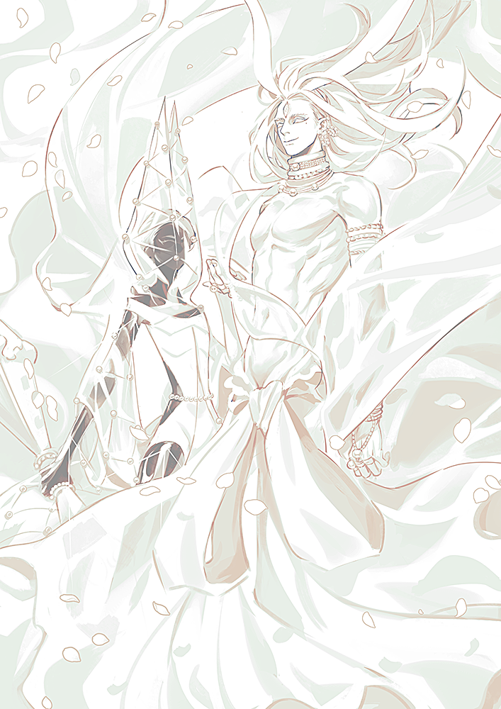 1boy, 1other, aechmea_(houseki_no_kuni), arm_at_side, armlet, beads, blank_eyes, bodysuit