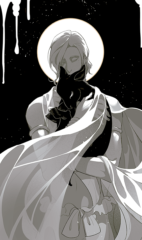 1boy, aechmea_(houseki_no_kuni), animal, animal_hug, armlet, bangle, bracelet, covered_mouth, eyelashes, facing_viewer, goat, greyscale, halo, hand_up, holding, holding_animal, houseki_no_kuni, jewelry, male_focus, mole, mole_under_eye, monochrome, navel, robe, saiko67, see-through, shawl, short_hair, sky, star_(sky), starry_sky, toned, toned_male, upper_body