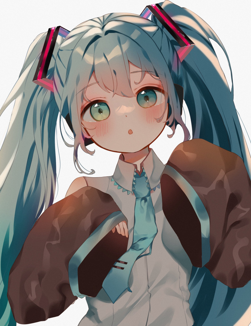 1girl, :o, absurdres, aqua_eyes, aqua_hair, aqua_necktie, bangs, black_sleeves