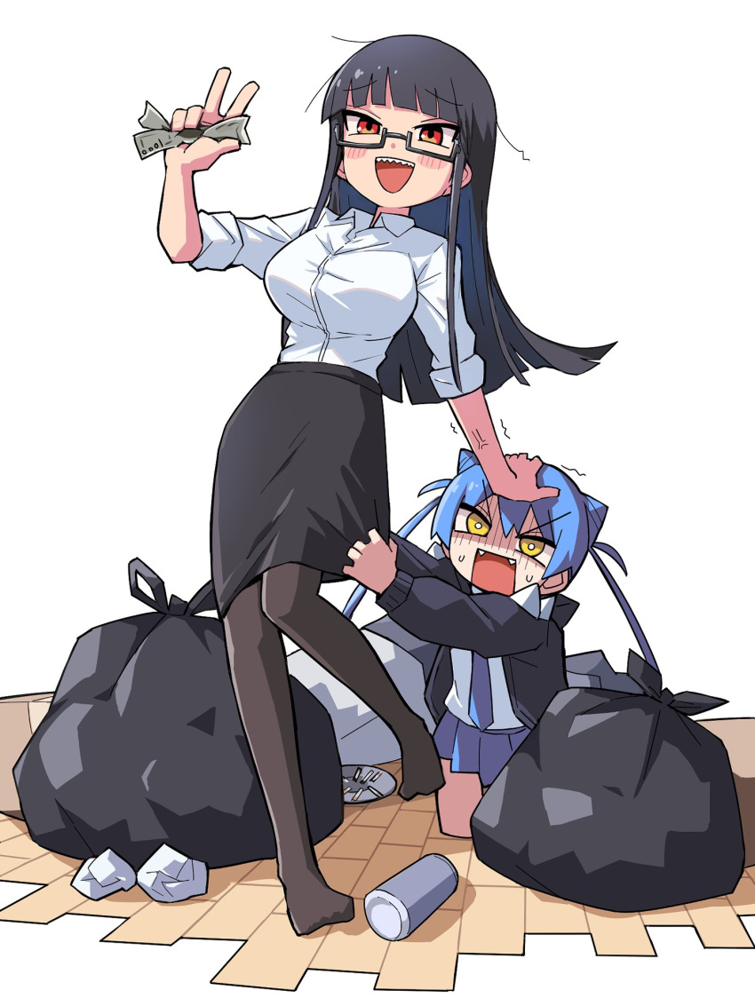2girls, bangs, black-framed_eyewear, black_hair, black_pantyhose, black_skirt, blue_hair, blue_necktie, blue_skirt, blunt_bangs, blush, breasts, fangs, highres, large_breasts, long_hair, long_sleeves, looking_at_another, looking_at_viewer, multiple_girls, necktie, open_mouth, pantyhose, pencil_skirt, pleated_skirt, rectangular_eyewear, semi-rimless_eyewear, shaded_face, sharp_teeth, shinigami_dot_com, shirt, skirt, smile, teeth, trash_bag, twintails, under-rim_eyewear, upper_teeth, v, white_shirt, yachima_tana, yellow_eyes