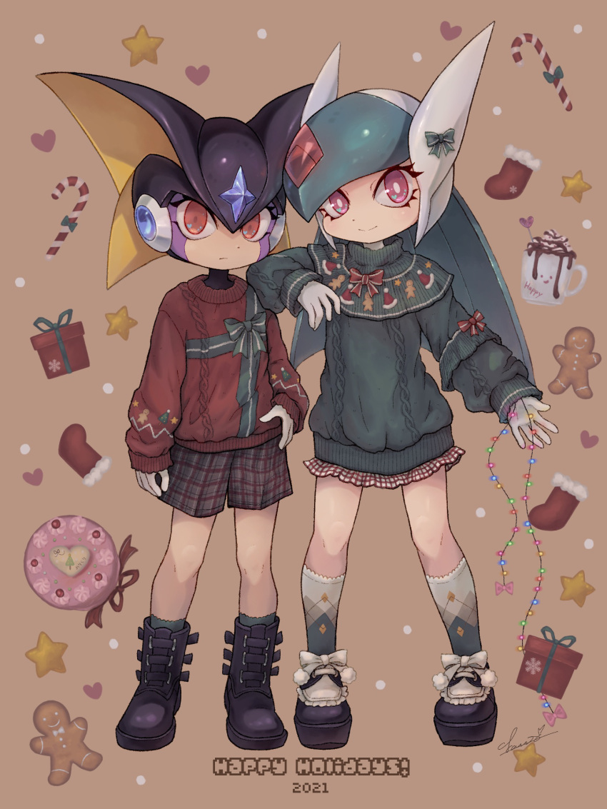 1boy, 1other, alternate_costume, bass.exe_(mega_man), black_footwear, boots, box, bright_pupils