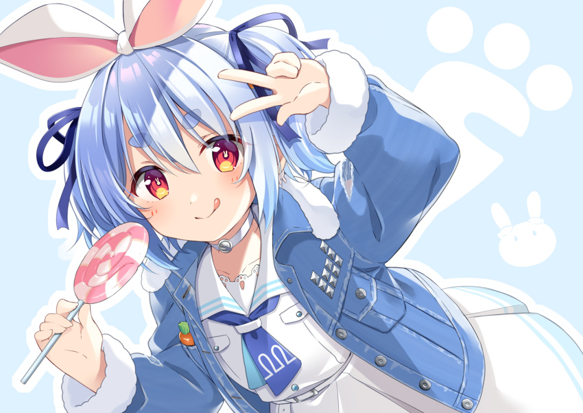 1girl, :q, alternate_hair_length, alternate_hairstyle, animal_ears, belt, blue_jacket, blue_neckerchief