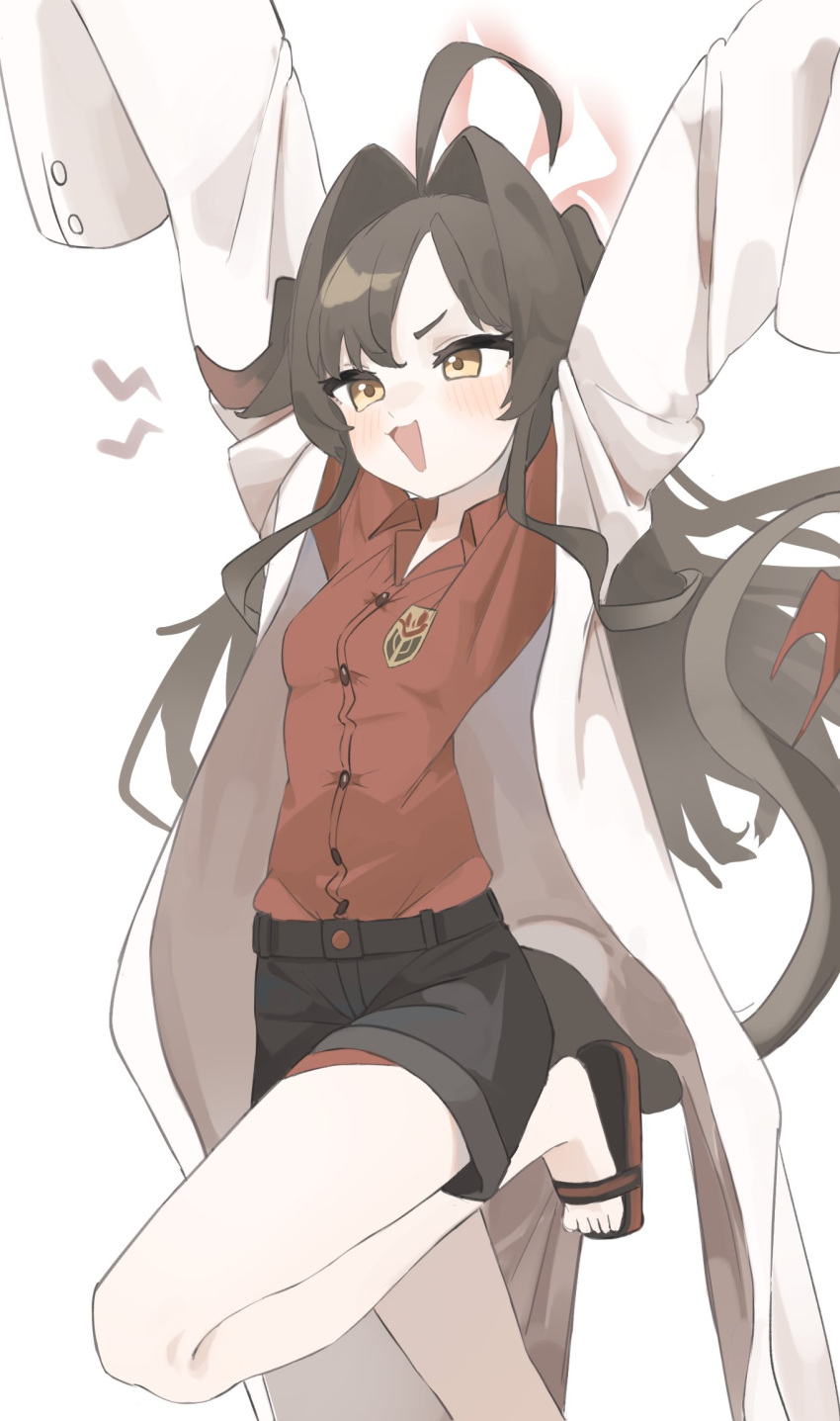 1girl, :3, ahoge, arms_up, bangs, blue_archive, boku_2020, brown_hair, buttons, coat, collared_shirt, demon_horns, demon_tail, denim, denim_shorts, gao, hair_flaps, hair_intakes, halo, highres, horns, insignia, kasumi_(blue_archive), light_blush, long_hair, open_mouth, parted_bangs, red_shirt, sandals, shirt, shorts, simple_background, sleeves_past_fingers, sleeves_past_wrists, solo, standing, standing_on_one_leg, tail, v-shaped_eyebrows, white_background, white_coat, yellow_eyes