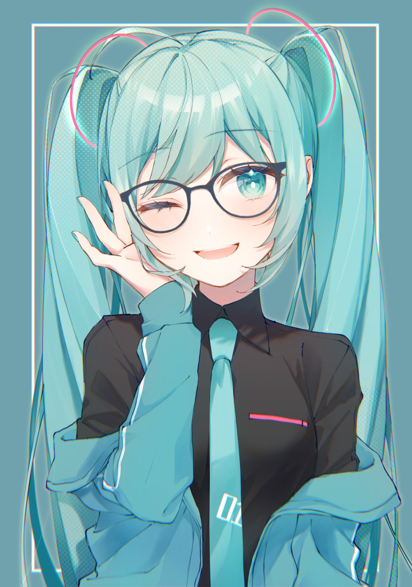 1girl, absurdres, adjusting_eyewear, alternate_costume, aqua_background, aqua_eyes, aqua_hair, aqua_jacket
