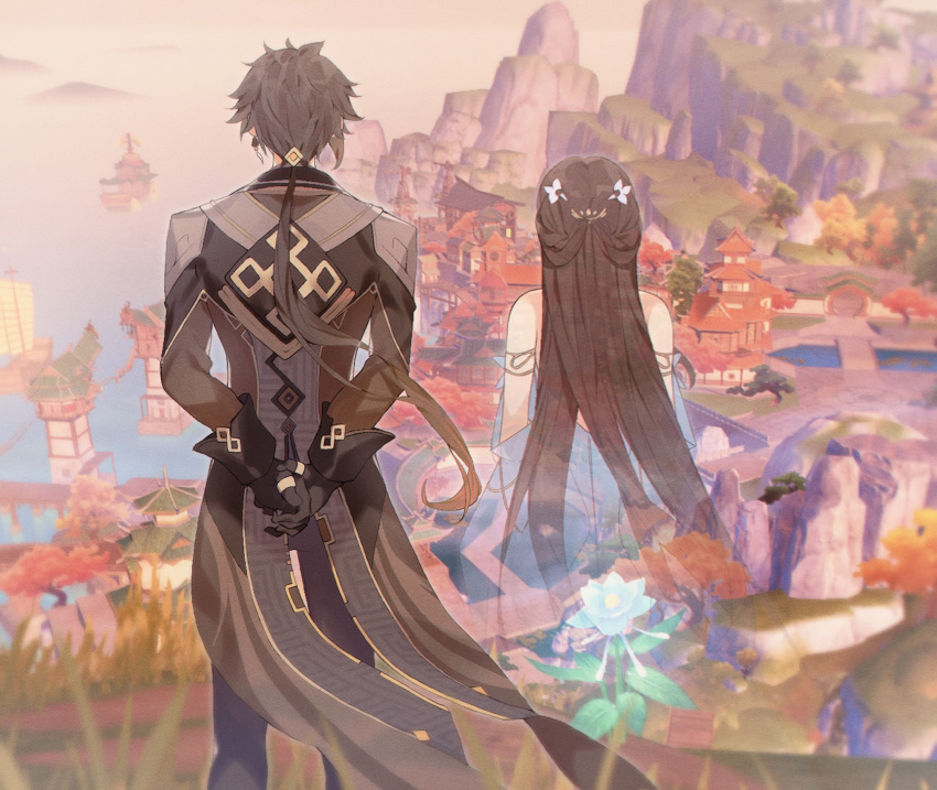 1boy, 1girl, armlet, arms_behind_back, bare_shoulders, black_gloves, black_pants, blue_dress