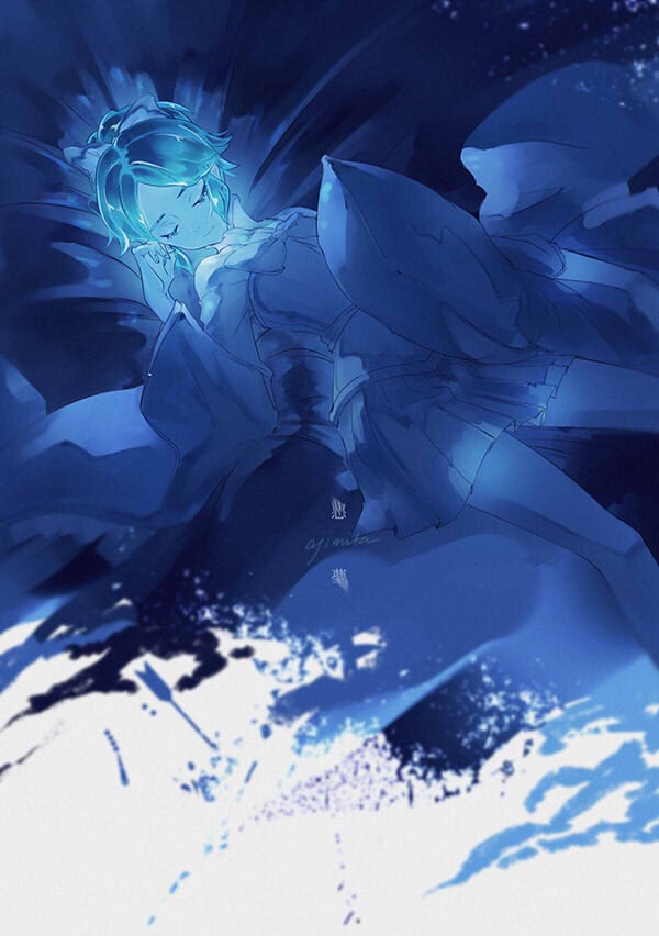 1other, ajimita, aqua_hair, artist_name, bed_sheet, blue_theme, bow, broken_arrow