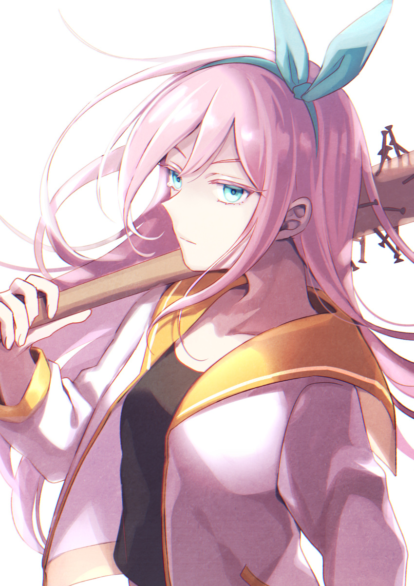 1girl, absurdres, aqua_eyes, aubrey_(omori), baseball_bat, black_shirt, crop_top, fingernails