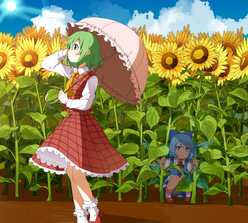 2girls, absurdres, ascot, bangs, blue_bow, blue_dress, blue_eyes, blue_hair