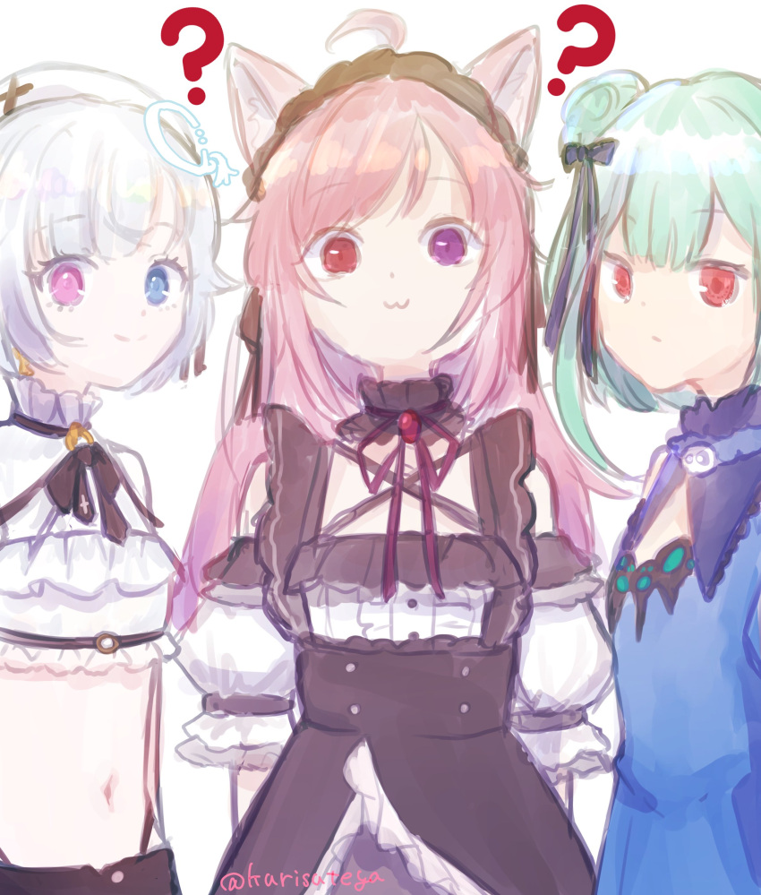 3girls, :3, absurdres, ahoge, amemiya_nazuna, animal_ears, cat_ears, green_hair
