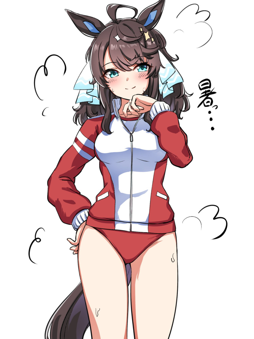 1girl, animal_ears, black_hair, blue_eyes, blush, breasts, buruma, commentary_request