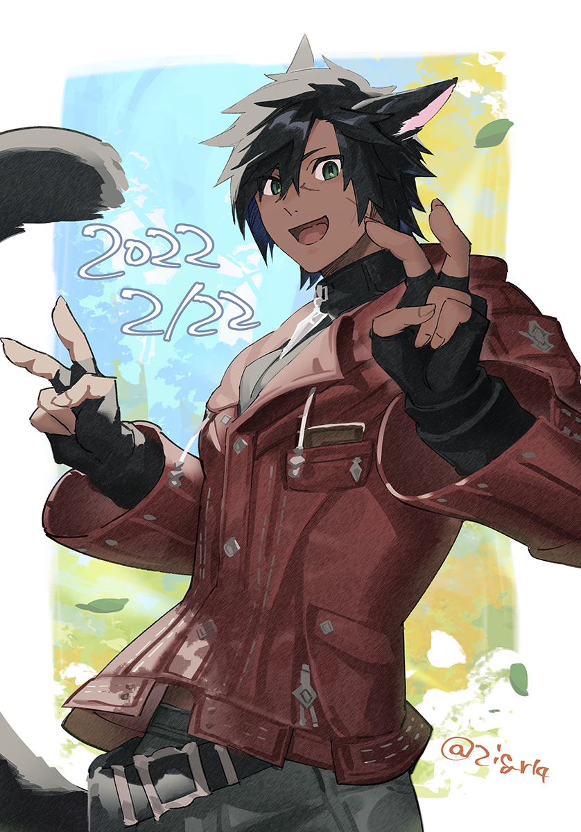 1boy, :d, animal_ears, avatar_(ff14), bangs, belt, black_gloves, black_hair