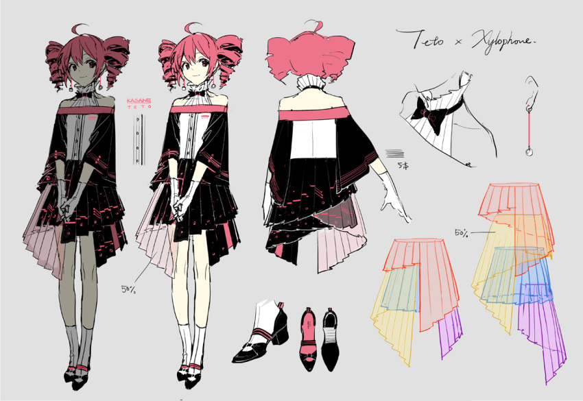 1girl, ahoge, ankle_socks, asymmetrical_clothes, asymmetrical_skirt, black_bow, black_bowtie, black_footwear, black_skirt, black_sleeves, bow, bowtie, buttons, character_name, collared_shirt, colored_shoe_interior, drill_hair, earrings, english_text, formal, gloves, grey_background, hair_between_eyes, high_collar, high_heels, interlocked_fingers, jewelry, kasane_teto, knees_apart_feet_together, layered_skirt, light_smile, looking_at_viewer, miku_symphony_(vocaloid), multiple_views, off_shoulder, official_alternate_costume, official_art, outstretched_hand, own_hands_together, pleated_skirt, red_eyes, redhead, reference_sheet, rella, see-through, see-through_skirt, shirt, shoes, shoes_removed, sidelocks, simple_background, skirt, socks, standing, turnaround, twin_drills, twintails, utau, white_gloves, white_shirt, white_socks