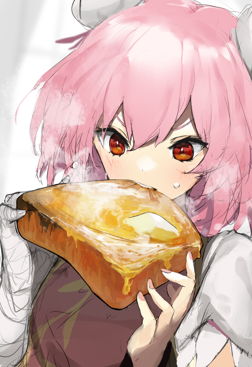 1girl, absurdres, arm_wrap, bangs, brown_tabard, commentary_request, double_bun, eating