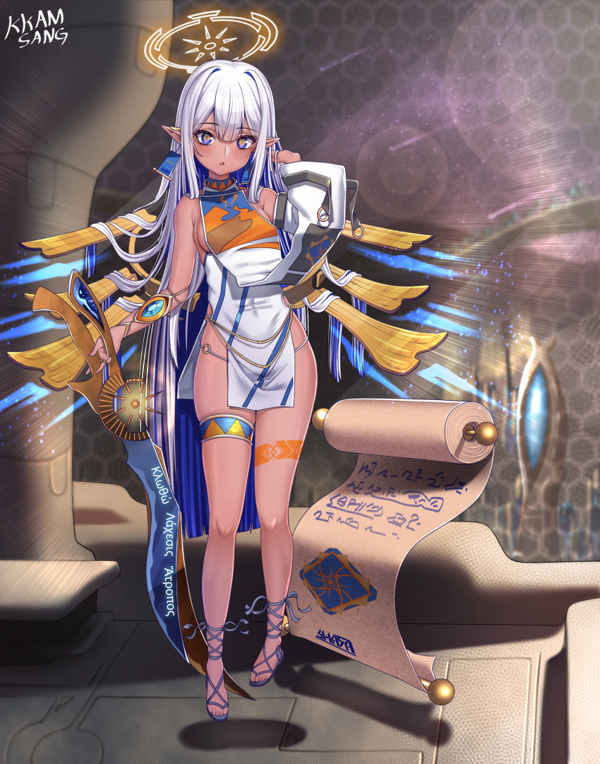 1girl, absurdres, artist_name, blue_footwear, breasts, commission, cross-laced_footwear, dark_skin