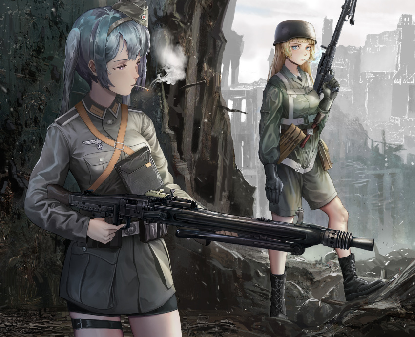 2girls, absurdres, bag, black_footwear, black_gloves, blue_hair, boots, cigarette