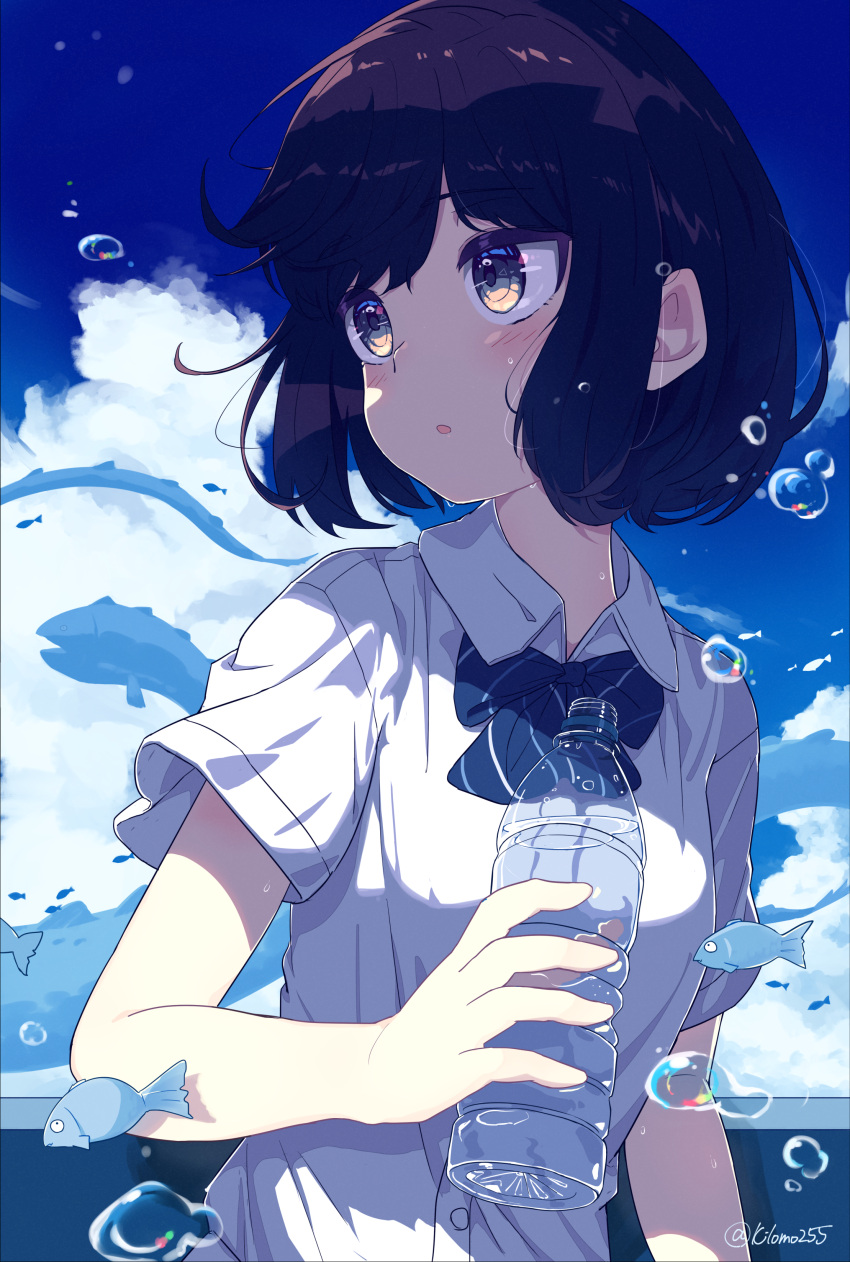 1girl, :o, absurdres, air_bubble, bangs, black_hair, blue_bow, blue_bowtie