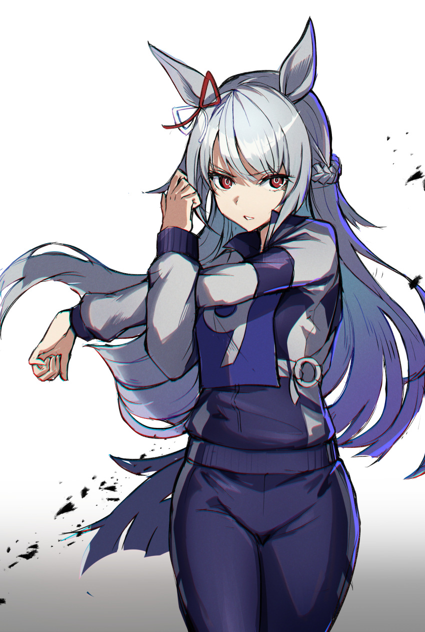 1girl, absurdres, animal_ears, bangs, blue_jacket, blue_pants, breasts, cowboy_shot