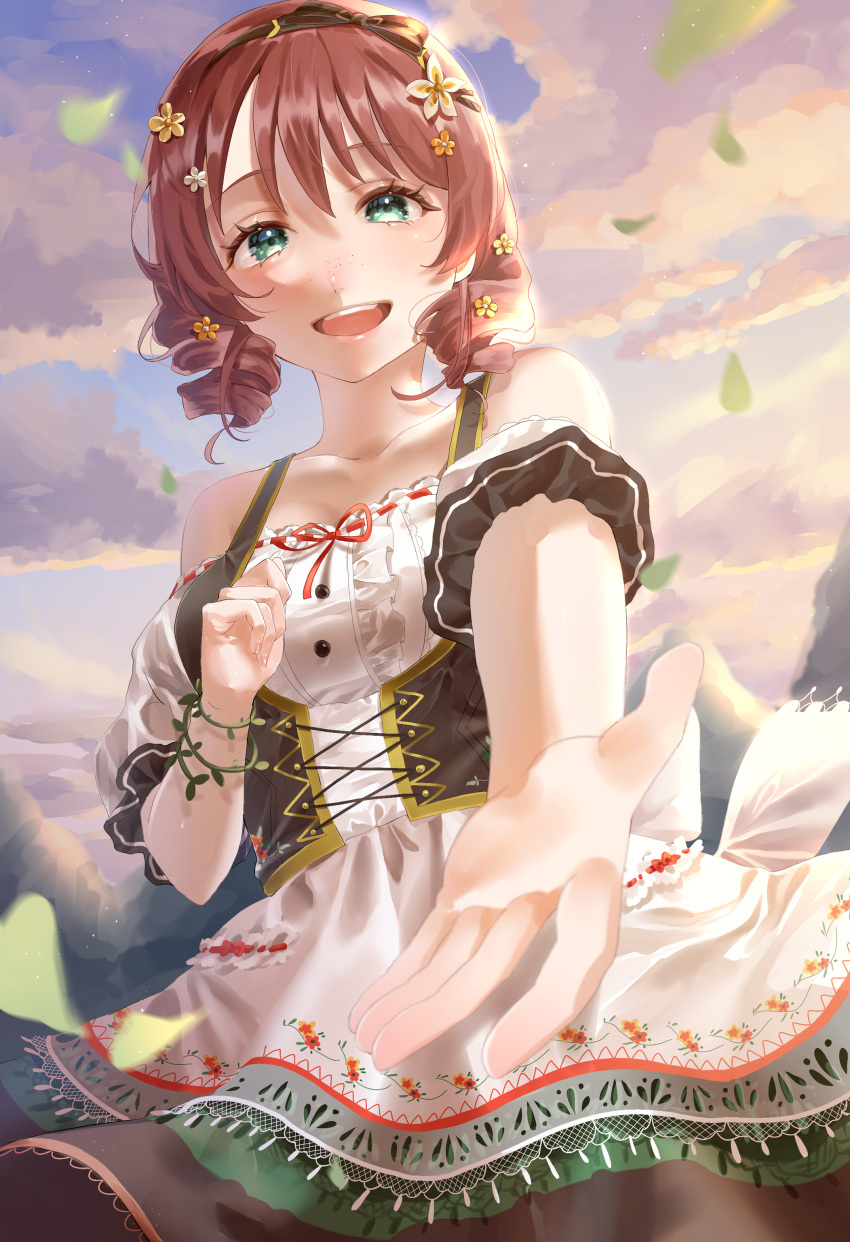 1girl, :d, absurdres, bangs, black_ribbon, brown_hair, clouds, commentary, cross-laced_clothes, curled_fingers, dirndl, dress, emma_verde, evergreen_(love_live!), falling_leaves, flower, foreshortening, freckles, german_clothes, green_eyes, hair_flower, hair_ornament, hair_ribbon, hand_up, happy, highres, leaf, looking_at_viewer, love_live!, love_live!_nijigasaki_high_school_idol_club, love_live!_school_idol_festival_all_stars, medium_dress, open_hand, outdoors, outstretched_arm, outstretched_hand, ponpon_rabbit, ribbon, ribbon-trimmed_dress, ringlets, short_hair, short_sleeves, sidelighting, smile, solo, sunset, teeth, upper_teeth, white_dress
