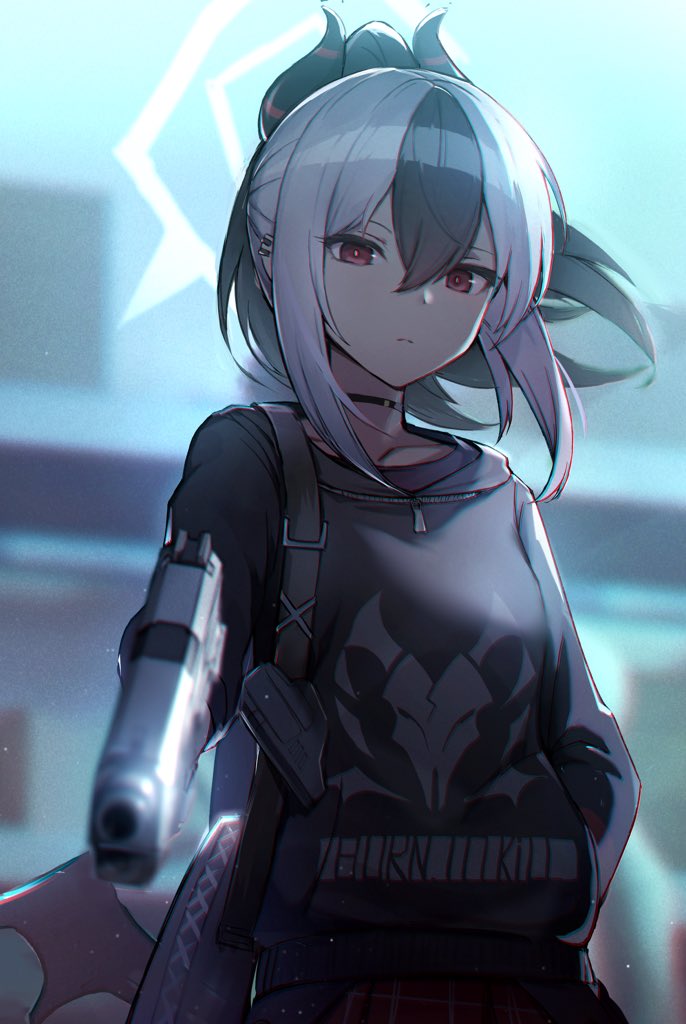 1girl, aiming_at_viewer, backpack, bag, bangs, black_hair, black_hoodie, blue_archive