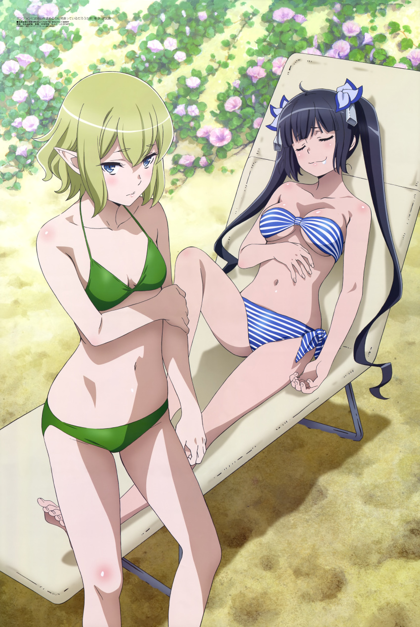 2girls, absurdres, beach_chair, bikini, black_hair, blush, breasts, closed_eyes
