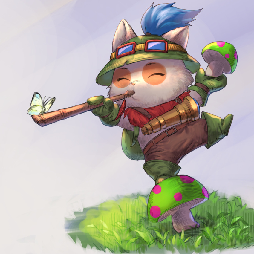 1boy, ascot, backpack, bag, blowing, brown_pants, bug, butterfly