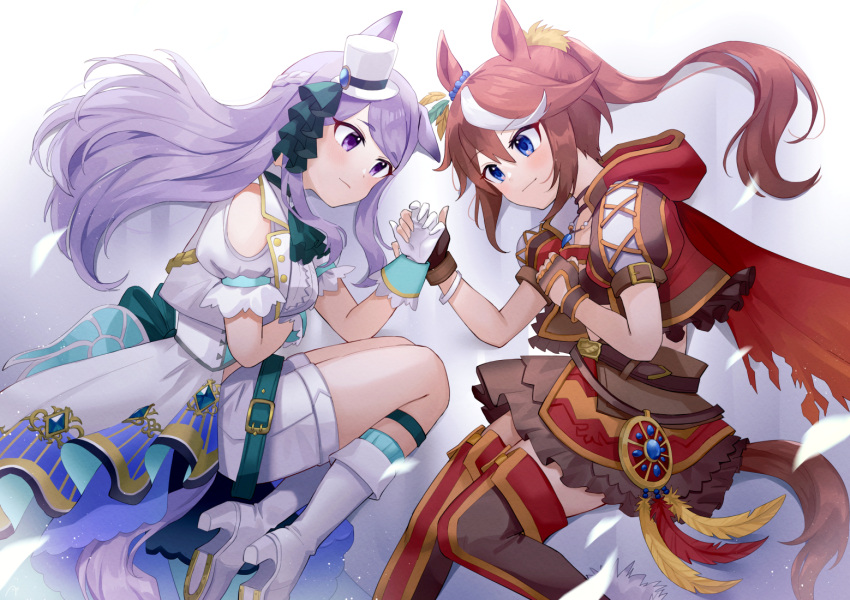 2girls, animal_ears, bangs, blue_eyes, blush, boots, brand-new_friend_(umamusume), brown_footwear