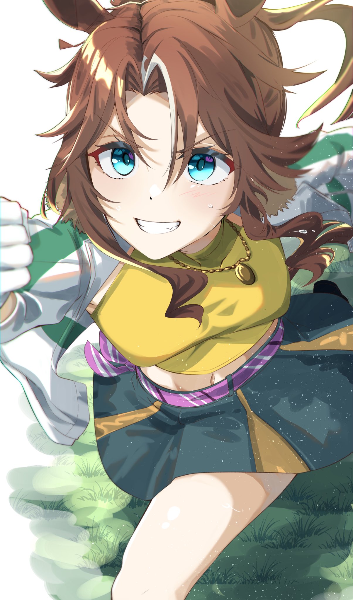 1girl, animal_ears, aqua_eyes, breasts, brown_hair, clenched_hand, gloves, grass