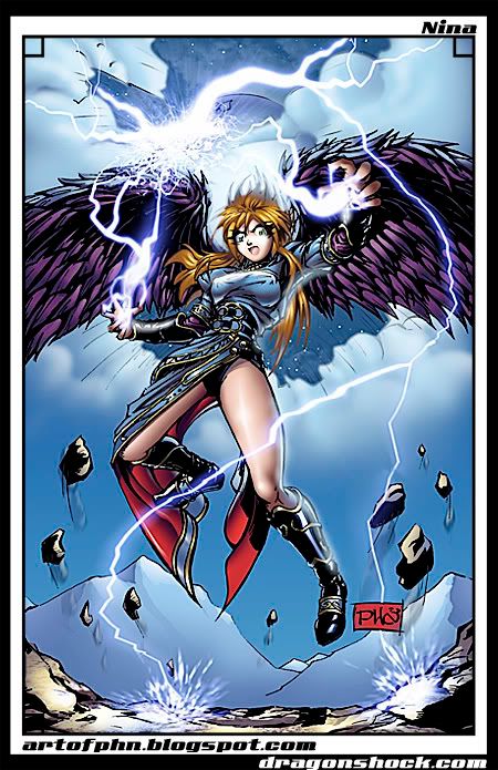 1girl, angel_wings, black_wings, blonde_hair, blue_dress, boots, breath_of_fire, breath_of_fire_ii