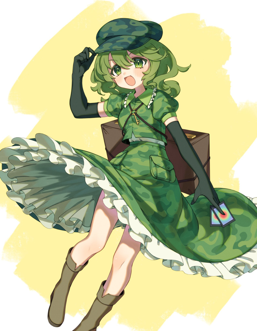 1girl, arm_up, bag, bangs, blush, boots, breasts, brown_bag