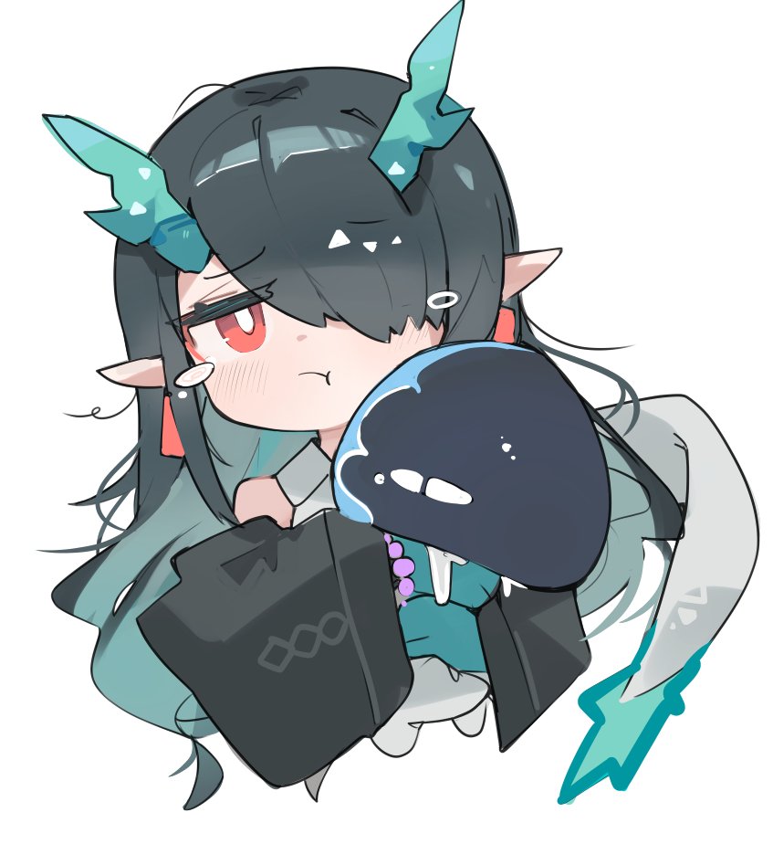 1girl, :t, arknights, bitey_(arknights), black_hair, black_jacket, blush, chibi
